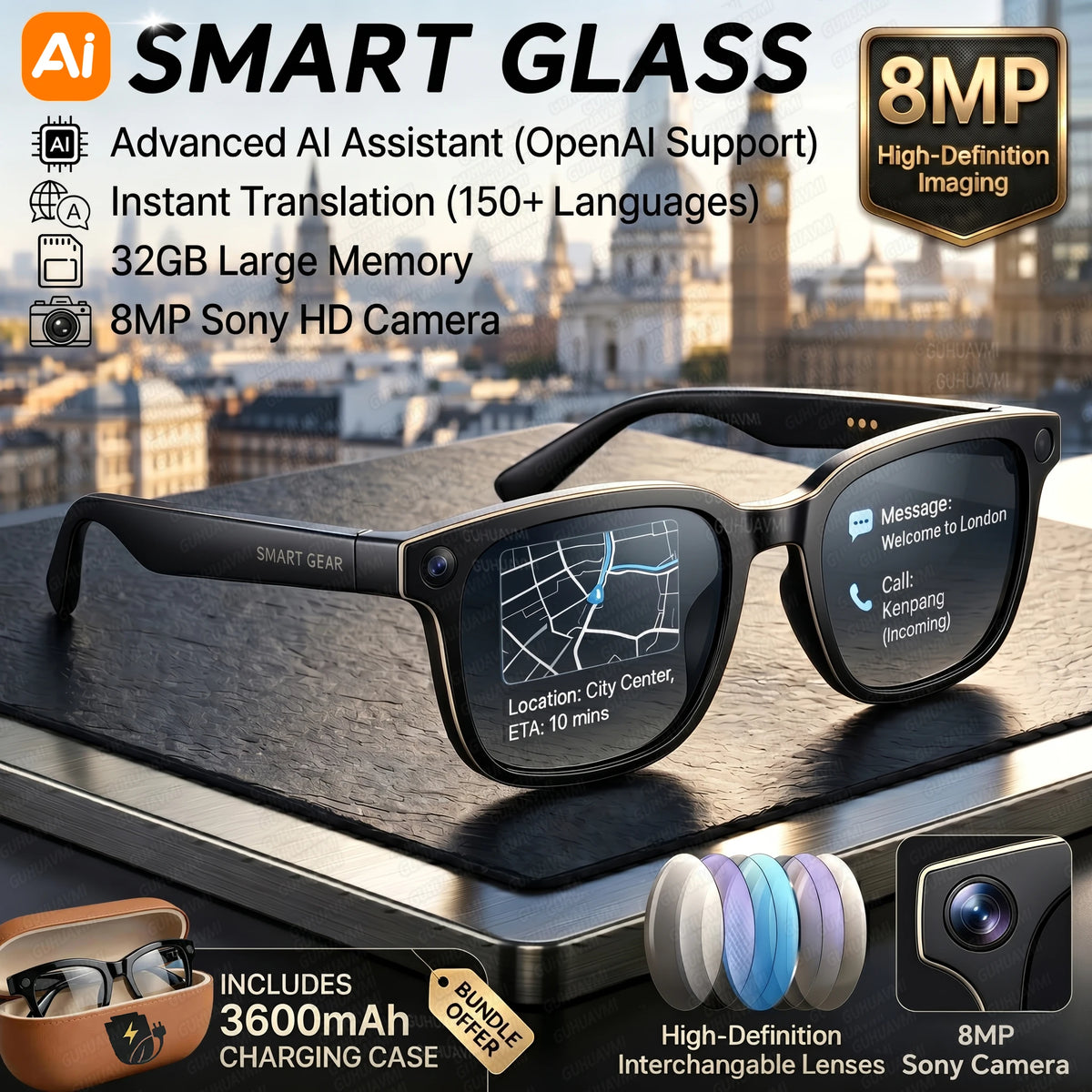 AI Camera Glasses Pro — 4K Video, 164+ Language Translation, 3600mAh Charging Case