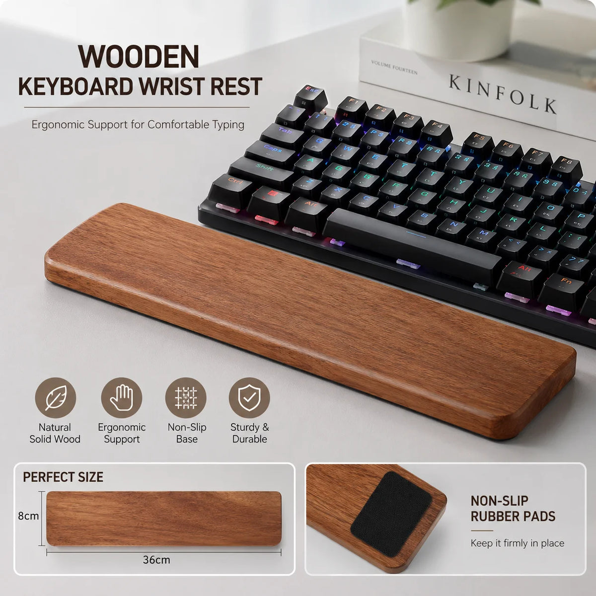 Wood wrist rest in front of a keyboard