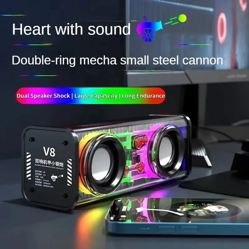 Transparent Mecha Bluetooth Speaker — RGB Light Show, Dual Bass Diaphragms