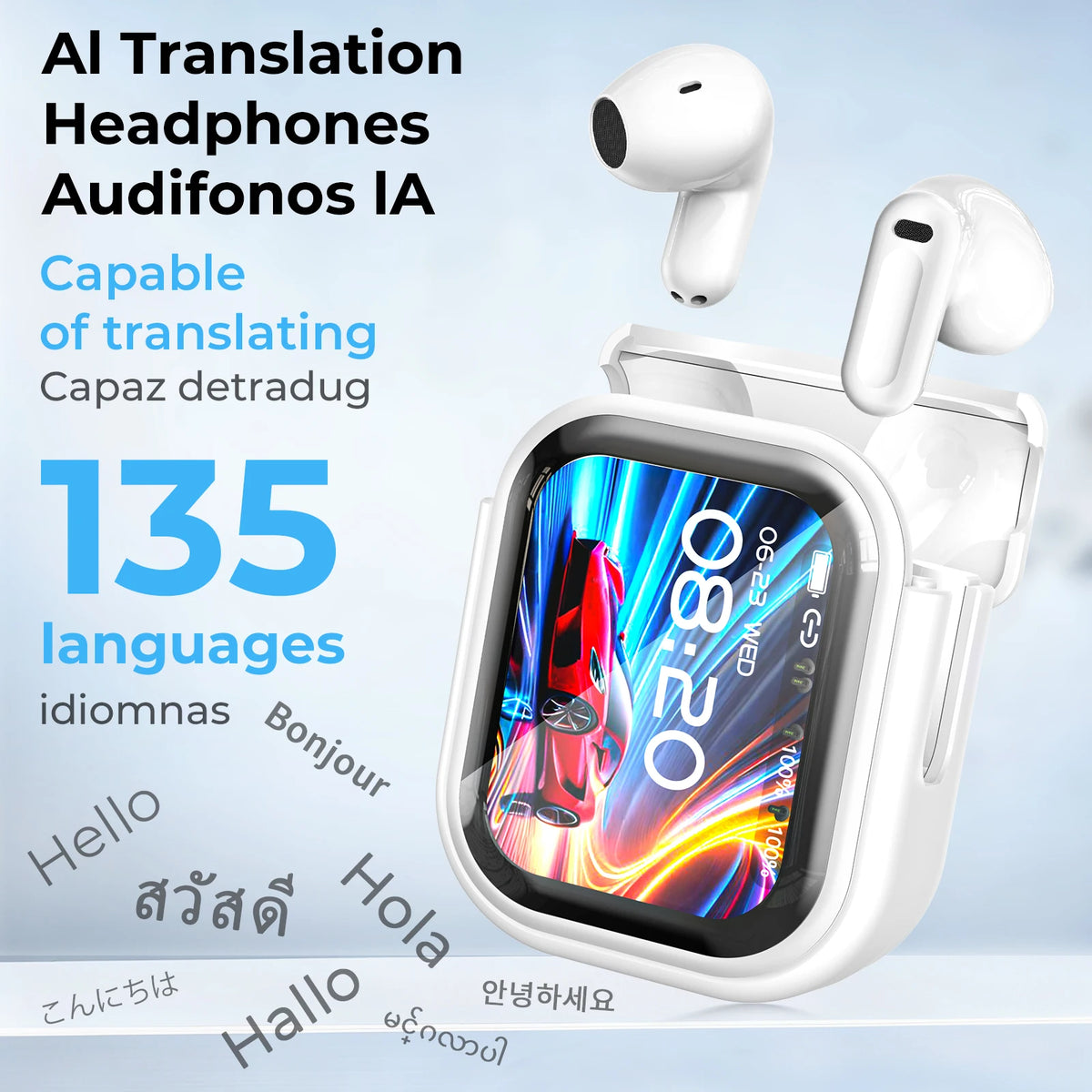 HTC NE20 AI Translation Earbuds — 135 Languages, ANC, Touch-Screen Case