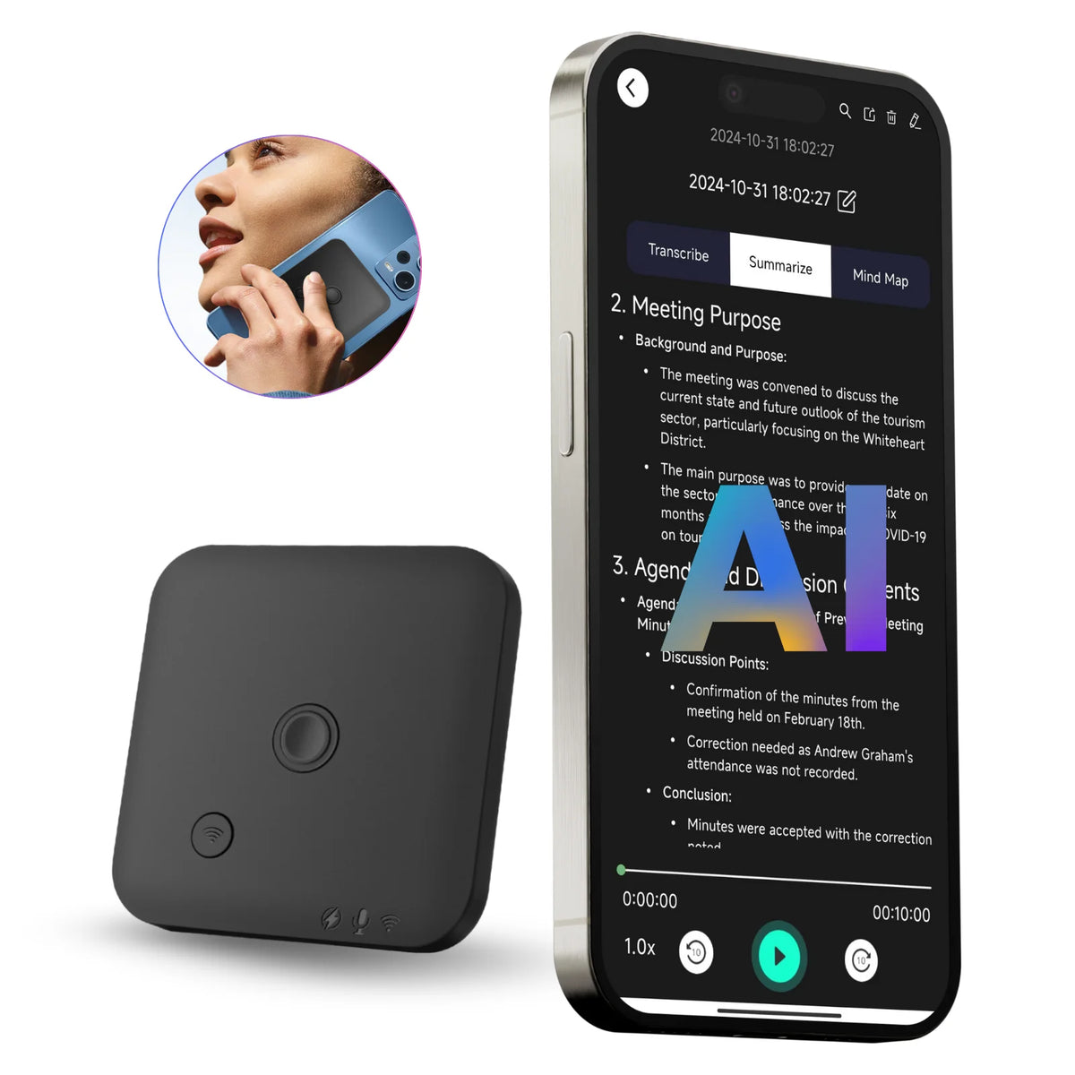 AI Voice Recorder & Note Taker — Transcribes, Summarizes & Translates (64GB)
