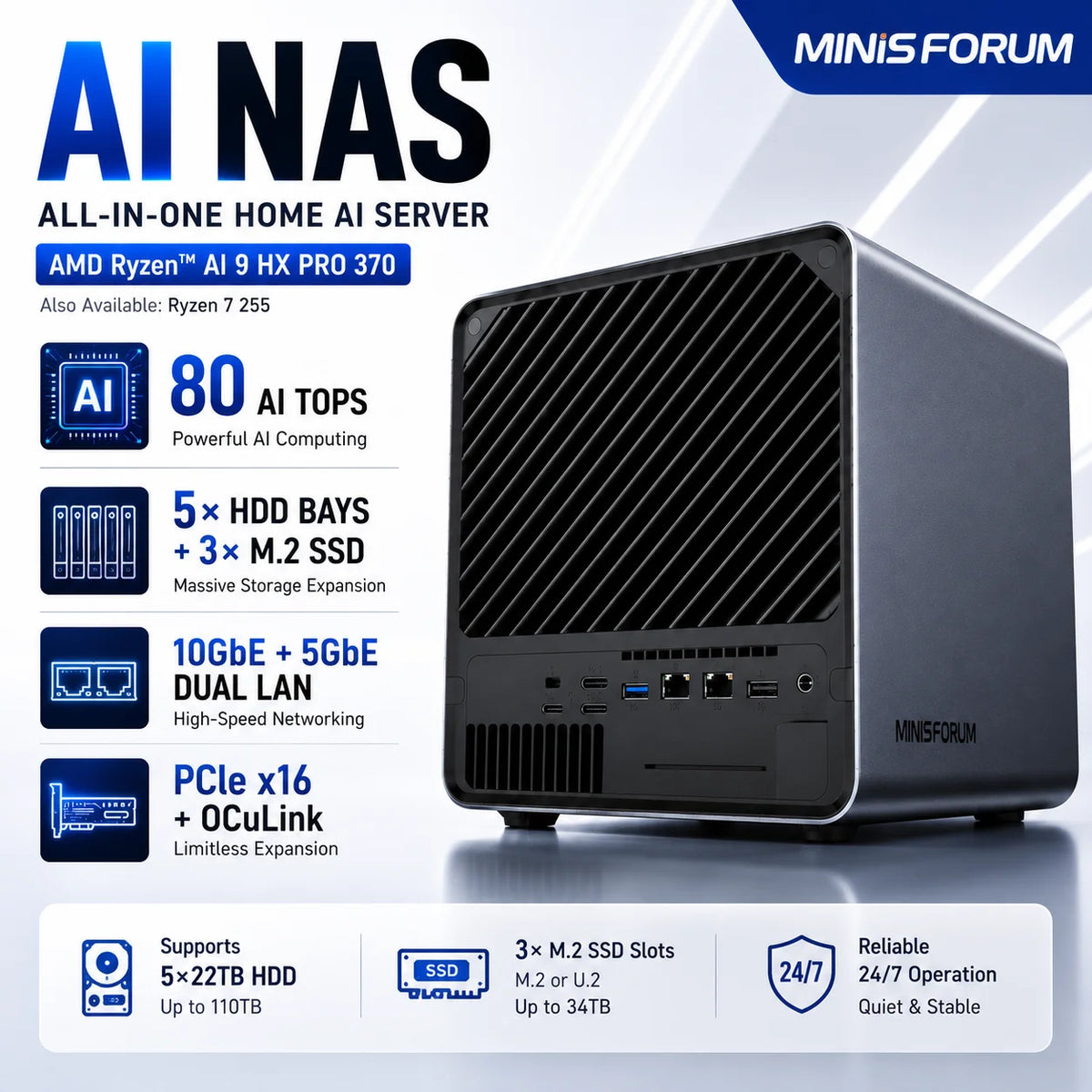MINISFORUM N5 Pro AI NAS — Ryzen AI 9 HX PRO 370, 5-Bay, 10GbE