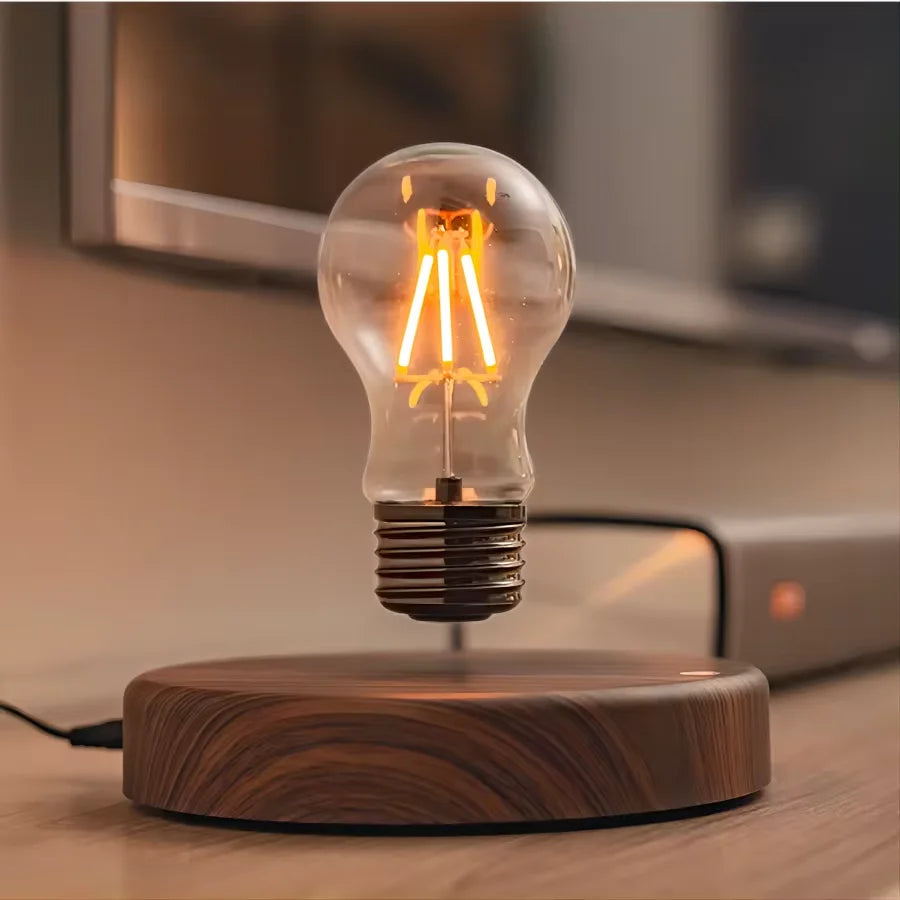 Levitating Light Bulb Lamp — Magnetic Floating Bulb on Walnut Base