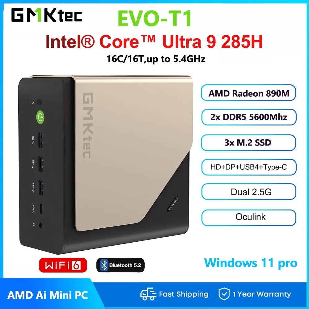 GMKtec EVO-T1 AI Mini PC — Intel Core Ultra 9 285H (Barebone)