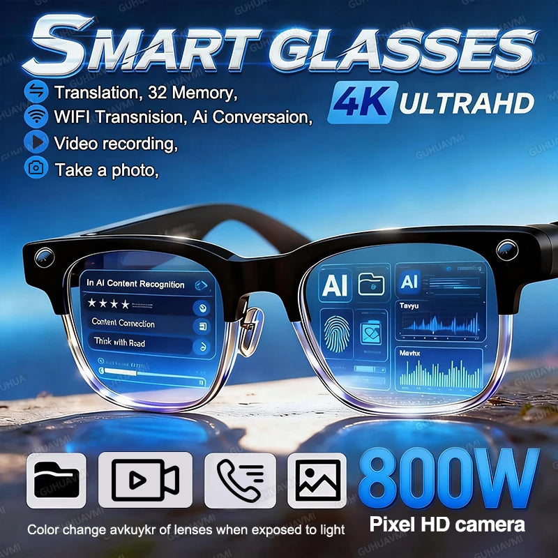 AI Camera Glasses — 8MP, Photo Recognition, Translation & Open-Ear Audio