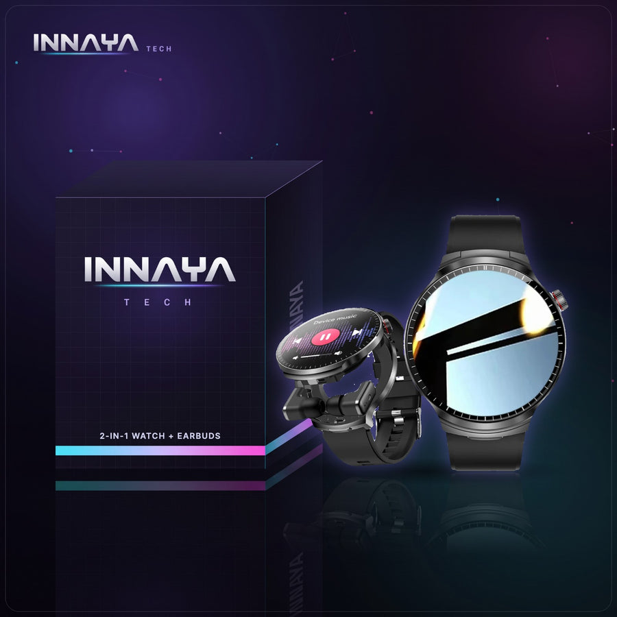 Round smartwatch opened to show built-in wireless earbuds