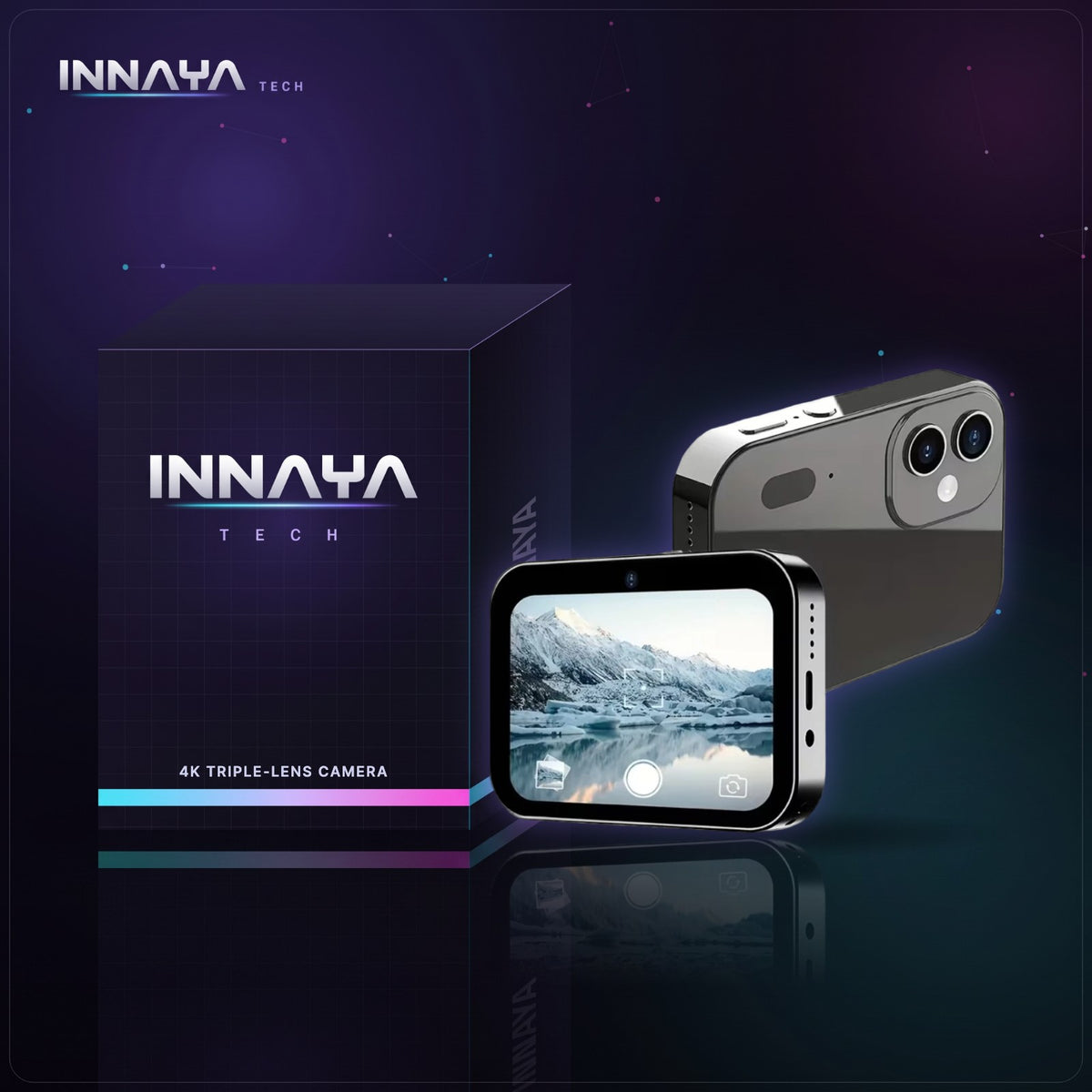 4K triple-lens vlog camera with rotating touchscreen