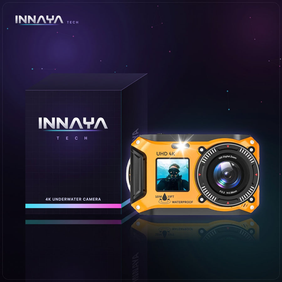 Orange 4K underwater camera with front and rear screens