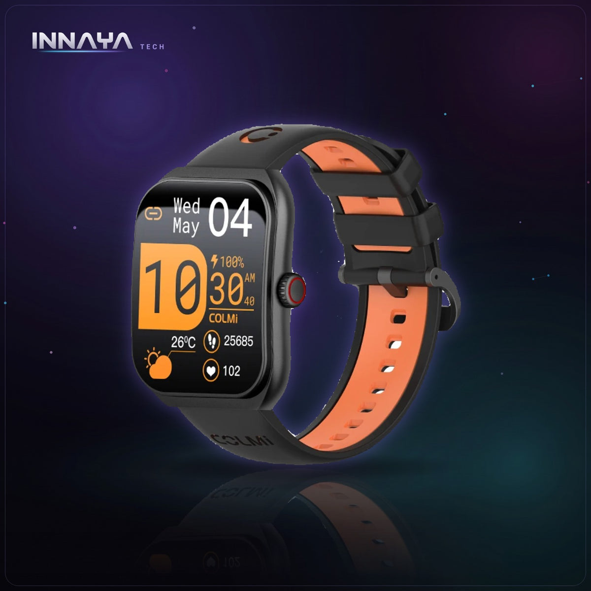 COLMI P86 AMOLED smartwatch with black and orange strap