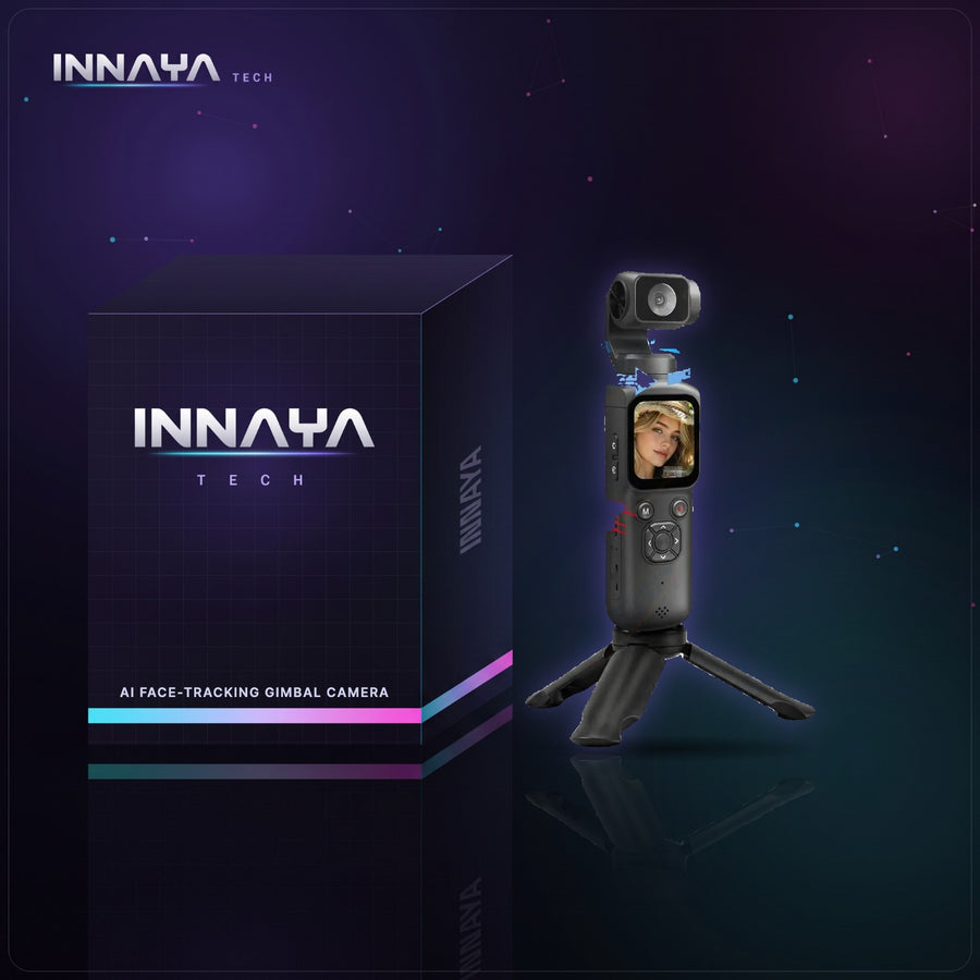 Black AI face-tracking 4K pocket gimbal camera on a mini tripod
