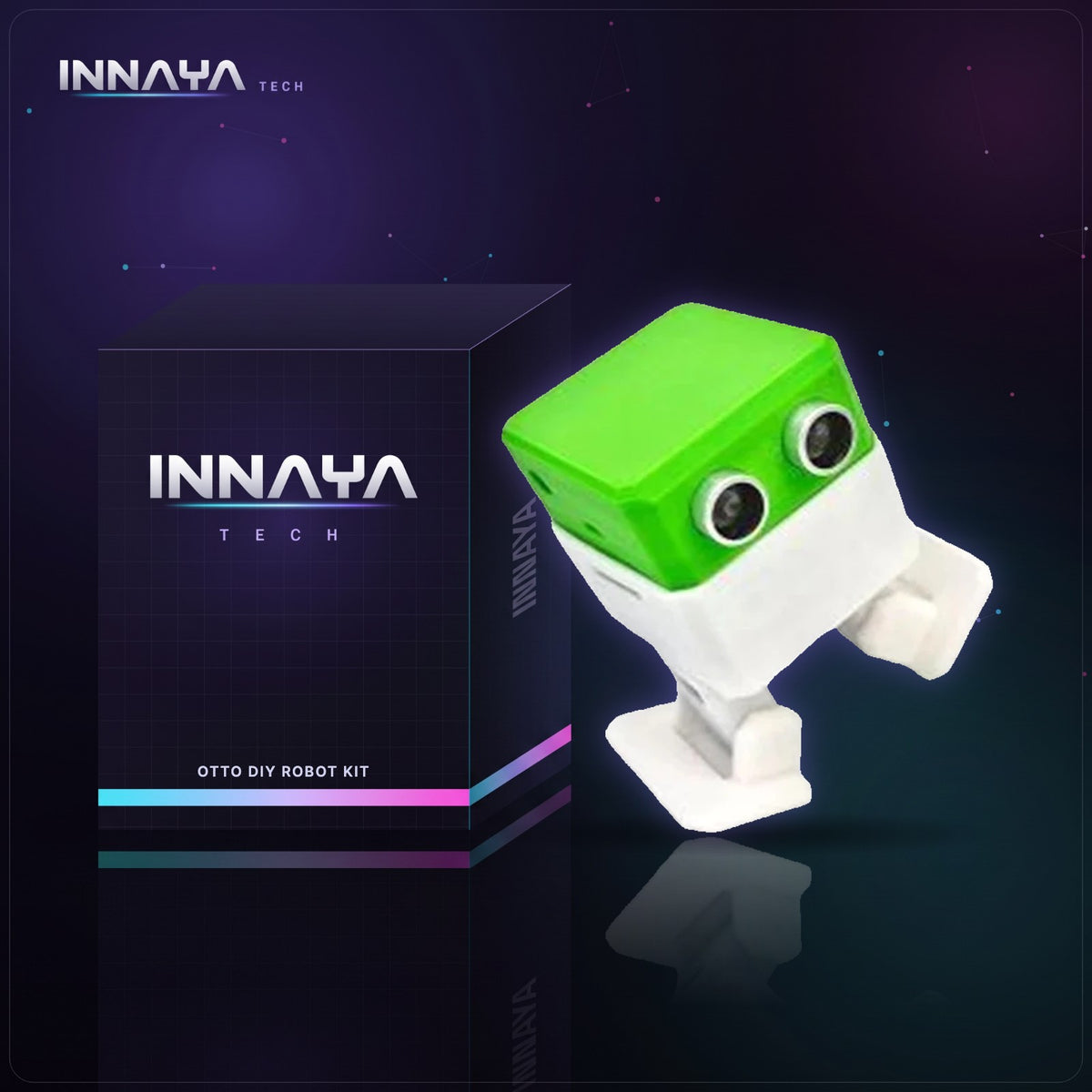 Green and white OTTO DIY biped robot with ultrasonic sensor eyes