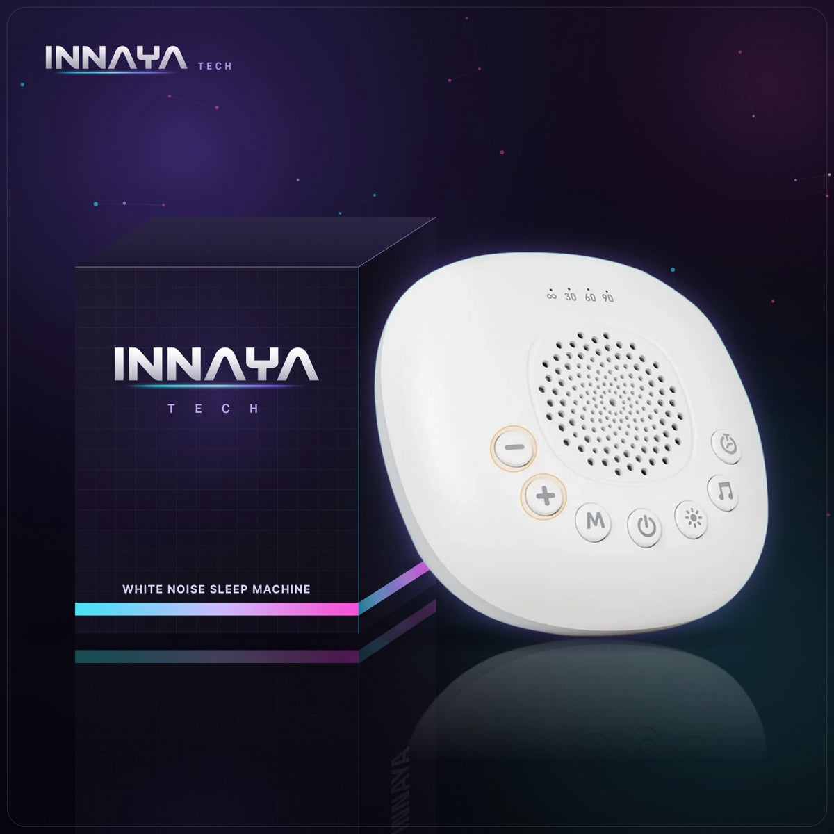 White rechargeable white noise sound machine with timer buttons