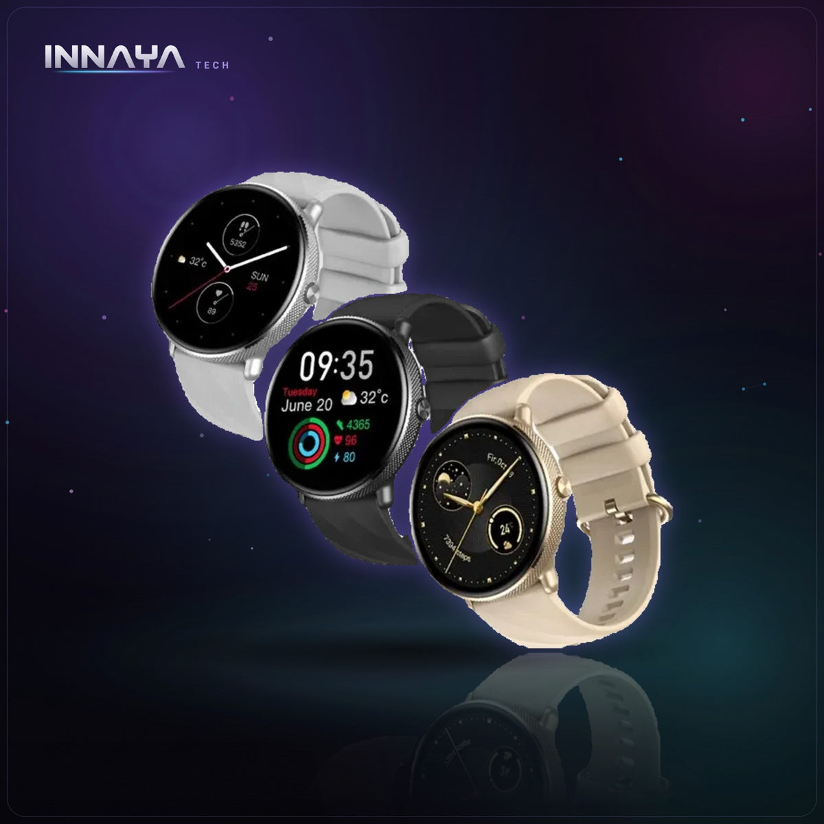 Zeblaze GTR 3 Pro smartwatches in silver, black and gold