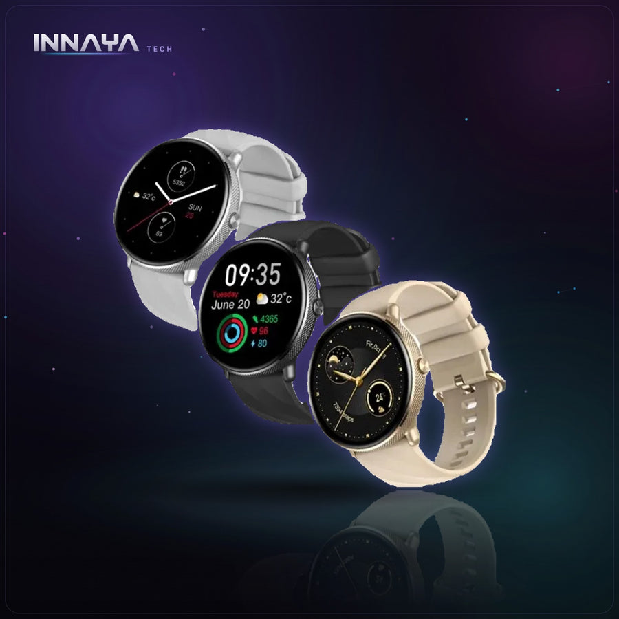 Zeblaze GTR 3 Pro smartwatches in silver, black and gold